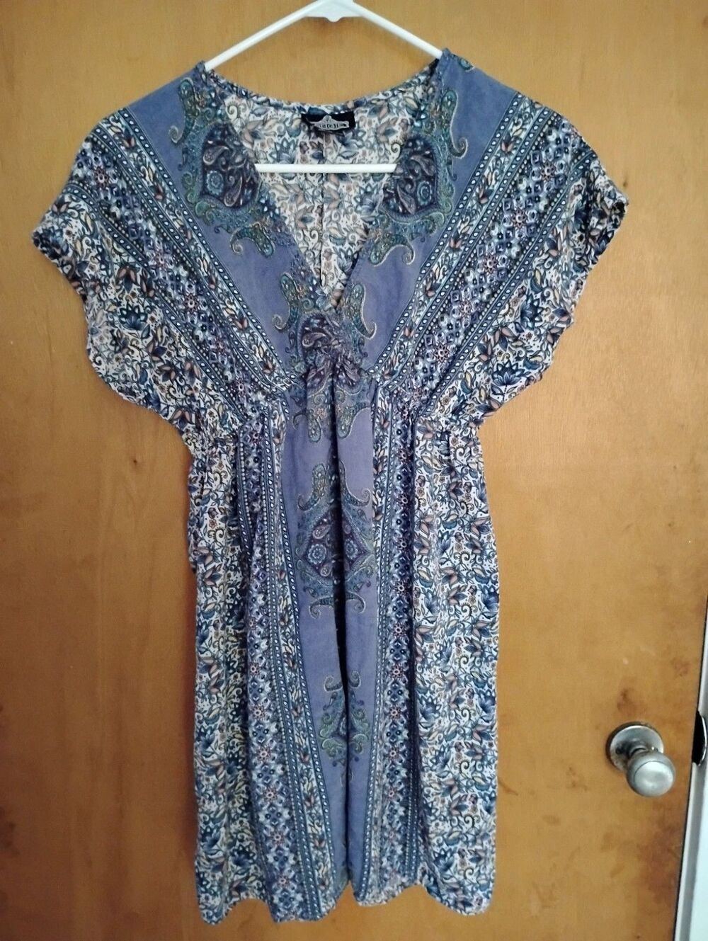 Angie Blue Paisley Tunic Mini Dress Rayon Boho Hippie Granola Girl Size Large